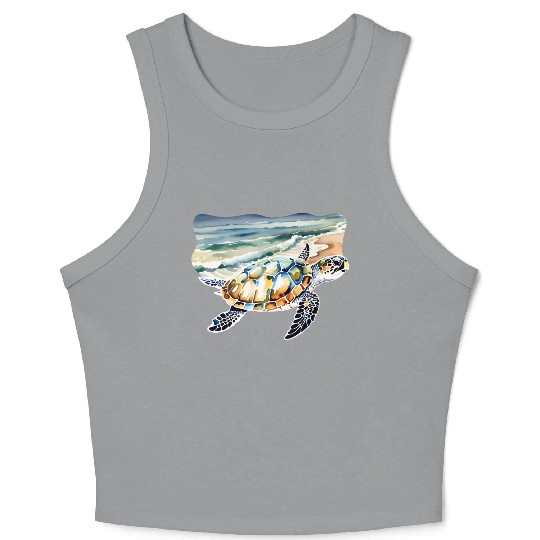 Sea Turtle at the Beach in Watercolor Crop Tank Top