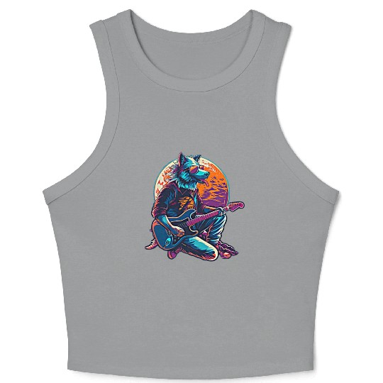 Blue Wolf Moon Guitar Player Retro Sunglasses Crop Tank Top