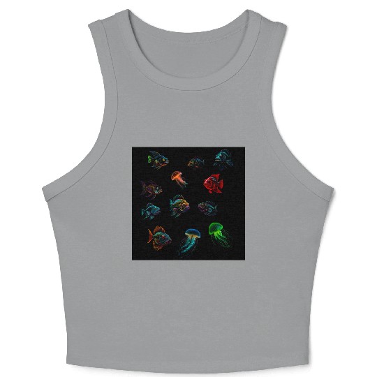Deep Sea Fishes Bass And Jellyfish Crop Tank Top