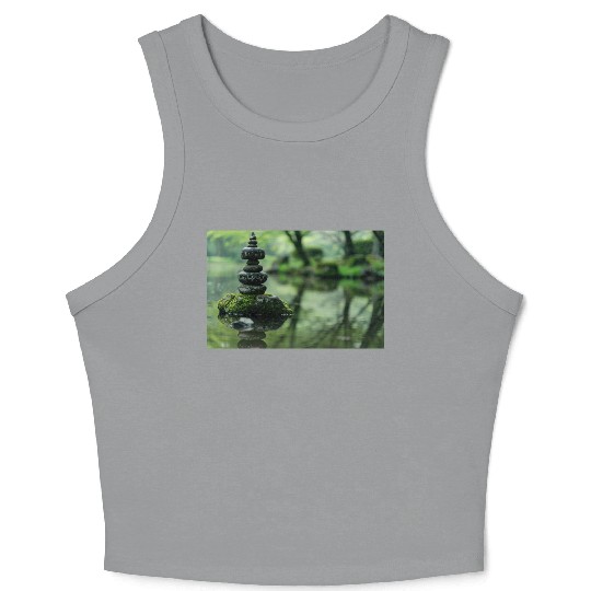 Zen Stone Stack Reflected in Tranquil Pond Crop Tank Top
