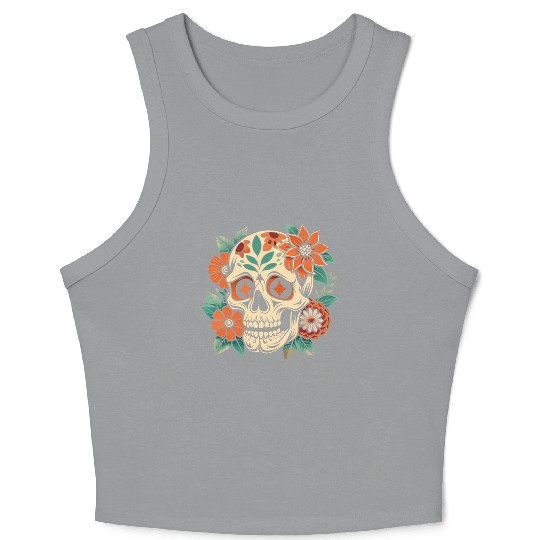 Vintage Retro Halloween Sugar Skull with floral Crop Tank Top