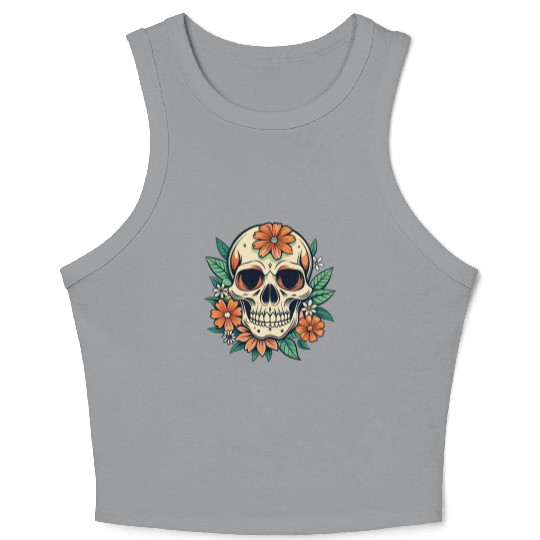 Vintage Retro Halloween Sugar Skull with floral Crop Tank Top