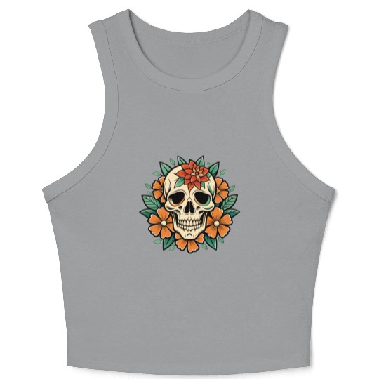 Vintage Retro Halloween Sugar Skull with floral Crop Tank Top