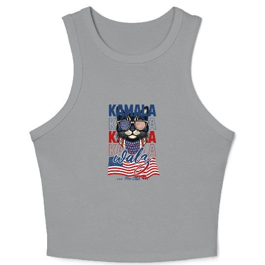 Patriotic Cat with Sunglasses and Kamala-Walz 2024 Crop Tank Top
