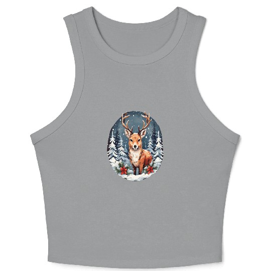Christmas Deer with Poinsettia and Snow Crop Tank Top
