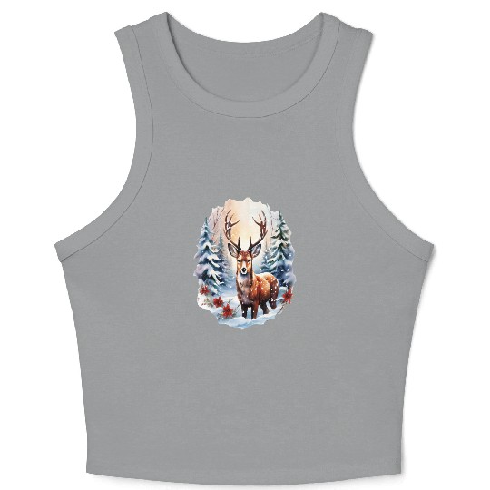 Christmas Deer with Poinsettia and Snow Crop Tank Top