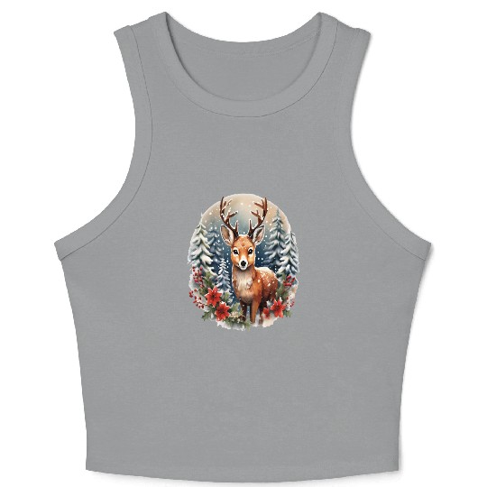 Christmas Deer with Poinsettia and Snow Crop Tank Top