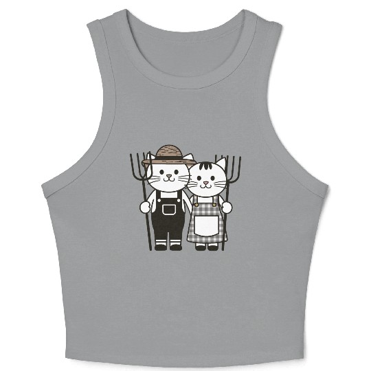 Farmer Cats Wearing Overalls and Gingham Dress Crop Tank Top