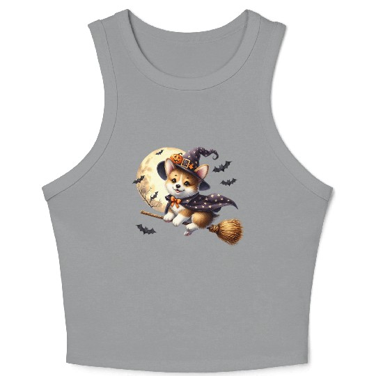 Corgi Witch Flying on Broom Halloween Moon Bats Pr Crop Tank Top