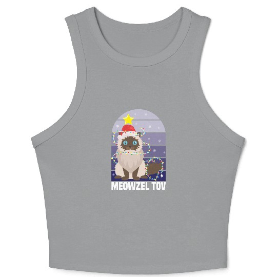 Meowzel Tov Hanukkah Black Cat Christmas Lights Crop Tank Top