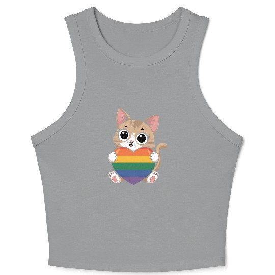 Cute Cat Holding Rainbow Heart LGTBQ Crop Tank Top