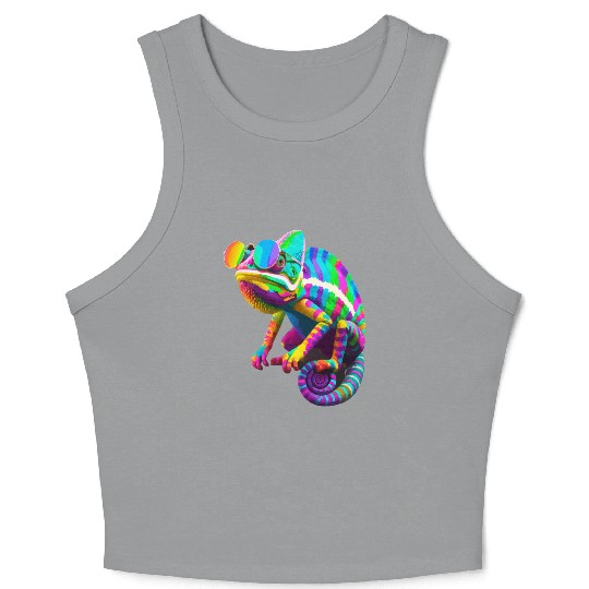 Colorful Chameleon with Sunglasses Crop Tank Top