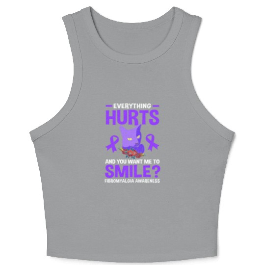 Everything Hurts Cat Purple Ribbon Fibro Awareness Crop Tank Top
