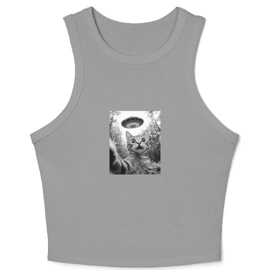 Funny Cat UFO Alien Abduction Cat Selfie Meme Crop Tank Top