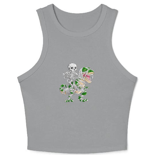 Skeleton Riding Mummy Dinosaur T rex Halloween Crop Tank Top