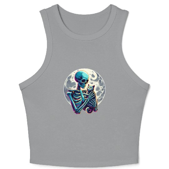 Skeleton Cute Cat Skull Kitty Halloween Crop Tank Top