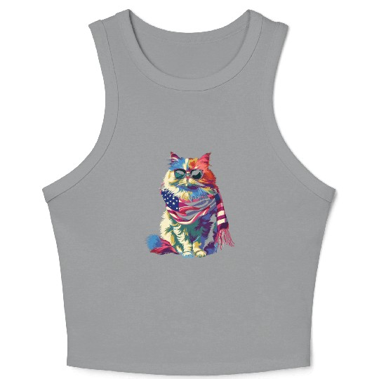 Persian Cat Patriotic US Flag Sunglasses Popart Crop Tank Top