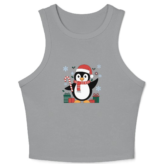 Cute Christmas Penguin - Candy Cane and Gifts Crop Tank Top