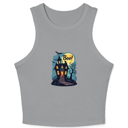 spooky haunted house with a black cat sitting Crop Tank Top