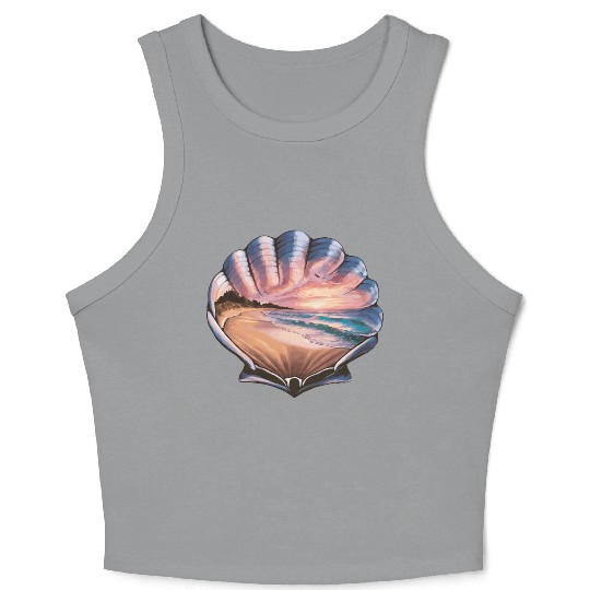 Seashell Beach Scene Serene Ocean Landscape Crop Tank Top