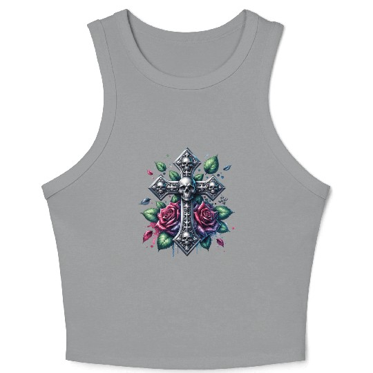 Gothic Collection - Cross, Skulls & Red Roses Crop Tank Top