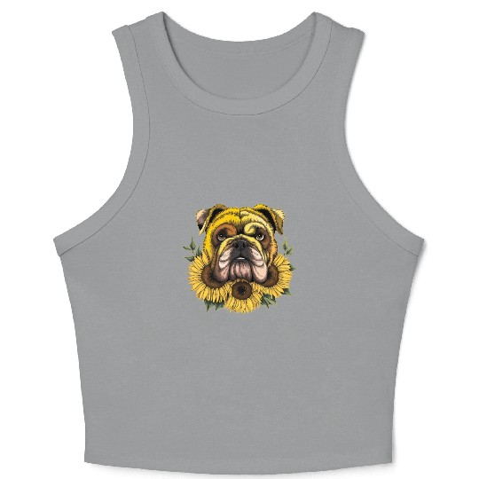 Sunflower Cute Bulldog Dog Flower Gardening Floral Crop Tank Top