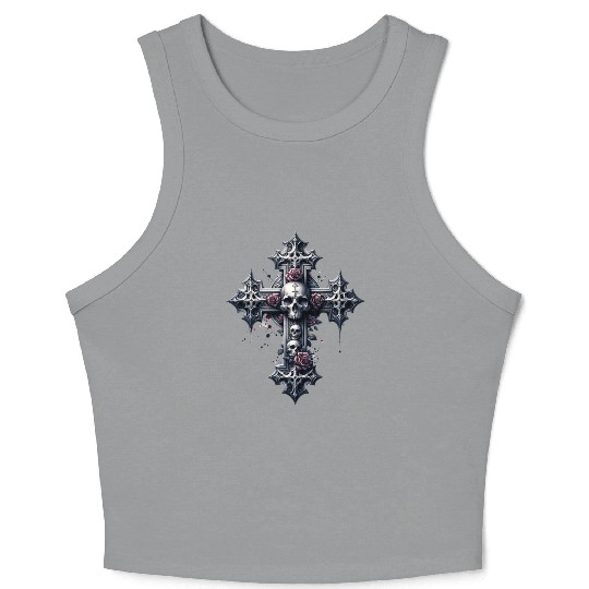 Gothic Cross Collection - Skulls and Red Roses Crop Tank Top