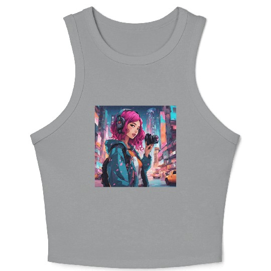 Cyberpunk Pink-Haired Girl - Neon Dreams Crop Tank Top