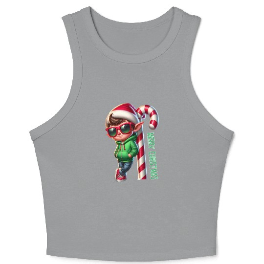 Merry Christmas Cool Elf with Candy Cane Vibes Crop Tank Top