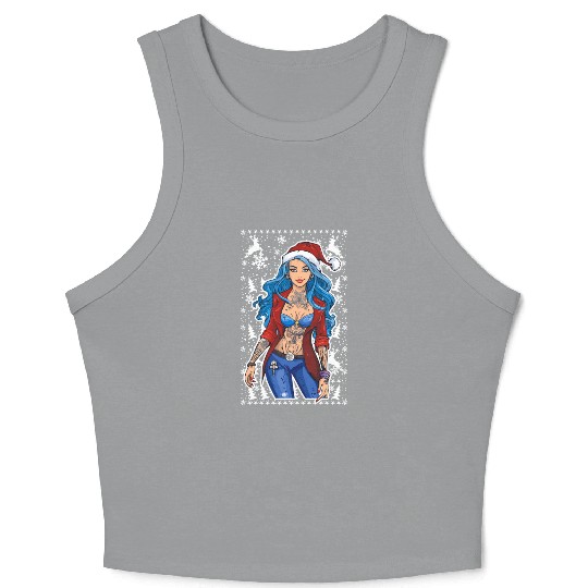 03 Sexy Christmas Woman Blue Hear Deer Tattoos Crop Tank Top