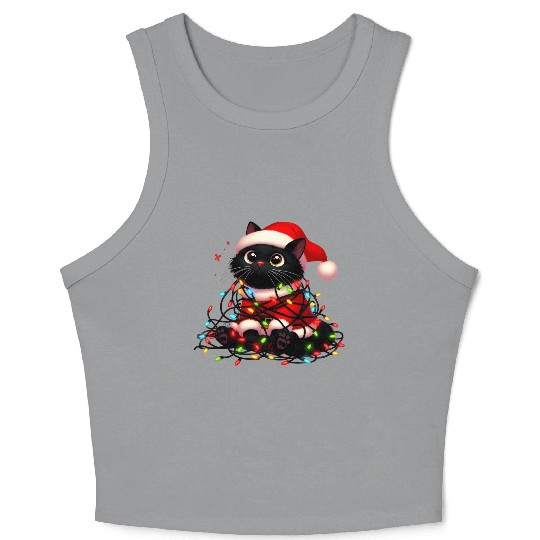 Christmas Kitty Tangled in Holiday Lights Crop Tank Top