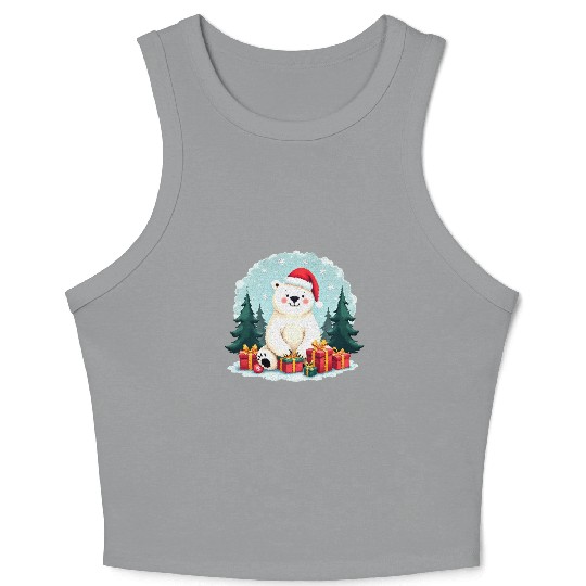 Adorable Polar Bear in Santa Hat Crop Tank Top