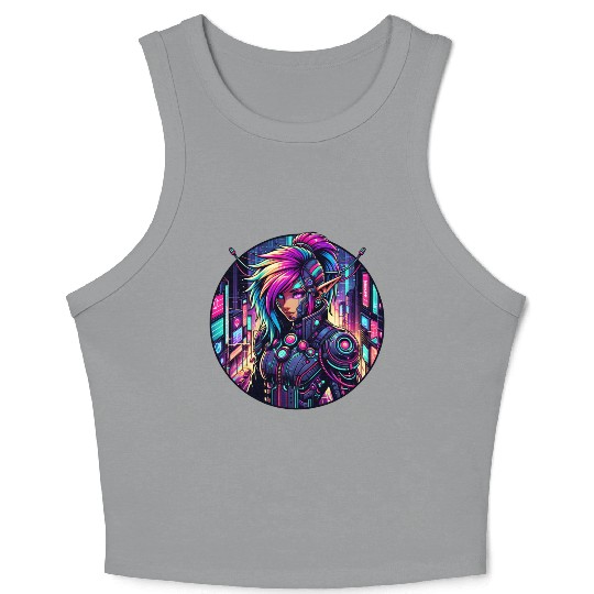 Neon Cyberpunk Elf in Futuristic Cityscape Crop Tank Top