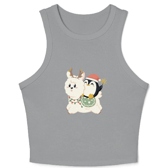 Alpaca and penguin celebrate Christmas Crop Tank Top