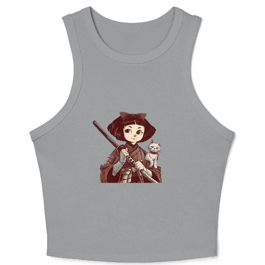 Chibi Samurai Warrior Cat Companion & Blossoms Crop Tank Top
