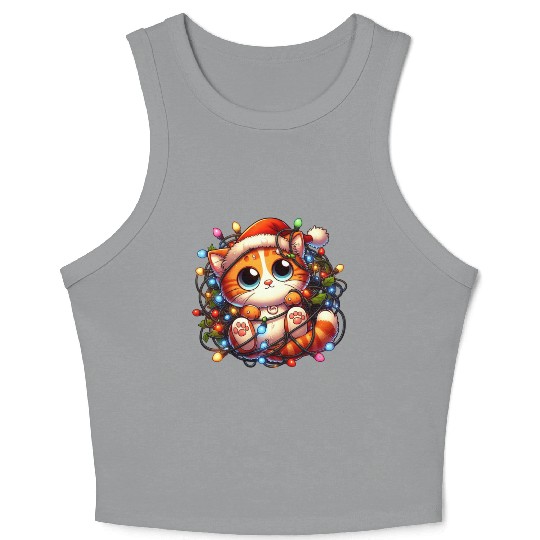 Whimsical Cat’s Christmas Lights Adventure Crop Tank Top