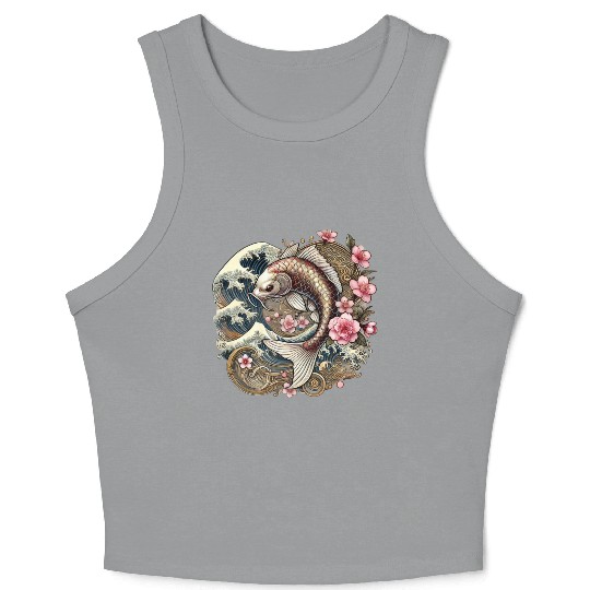 Elegant Koi Fish and Cherry Blossom Design Crop Tank Top