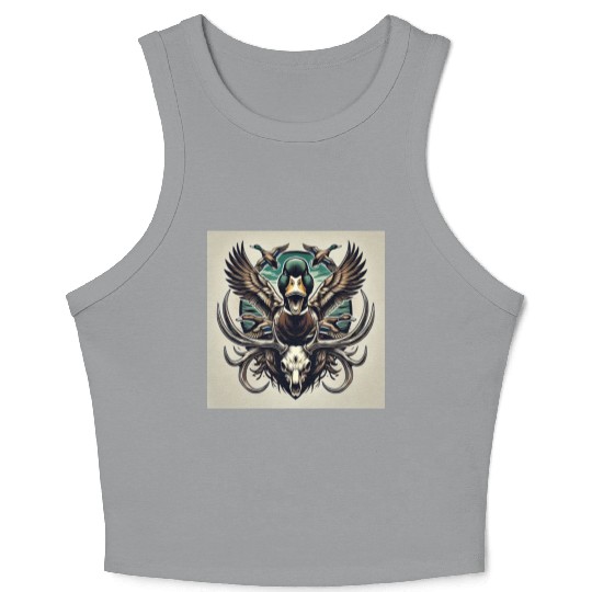 Mallard duck flying over deer skull in marsh Crop Tank Top