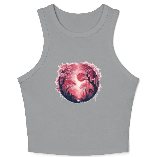 Serene Sakura Under Crimson Sun Crop Tank Top