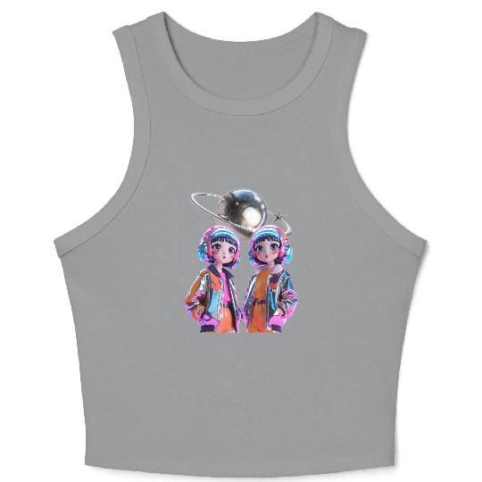 Retro-Futuristic Anime Girls with Neon Aesthetic Crop Tank Top
