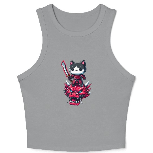 Samurai Cat with Sword on Dragon in Epic 3D Effect Crop Tank Top