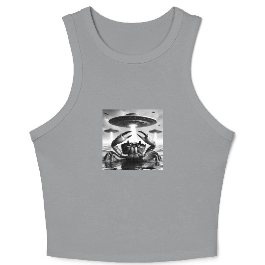 Crab Marine Funny Graphic Selfie with UFOs Weird A Crop Tank Top