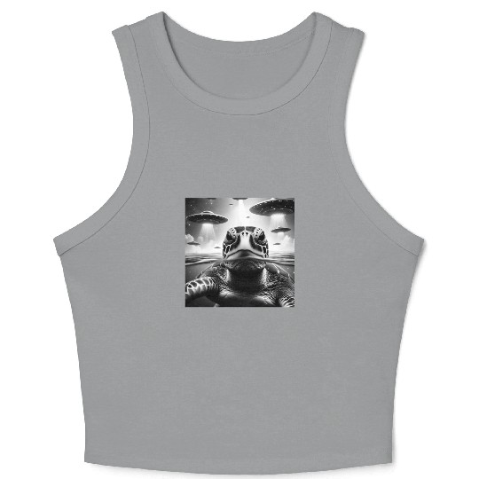Sea Turtle Funny Graphic Selfie with UFOs Weird A Crop Tank Top