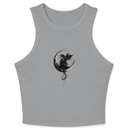 Cat With Bat Wings Sitting On Crescent Moon Goth Crop Tank Top