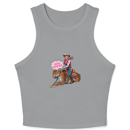 Girl Power Cowgirl Riding a Leopard Western Crop Tank Top