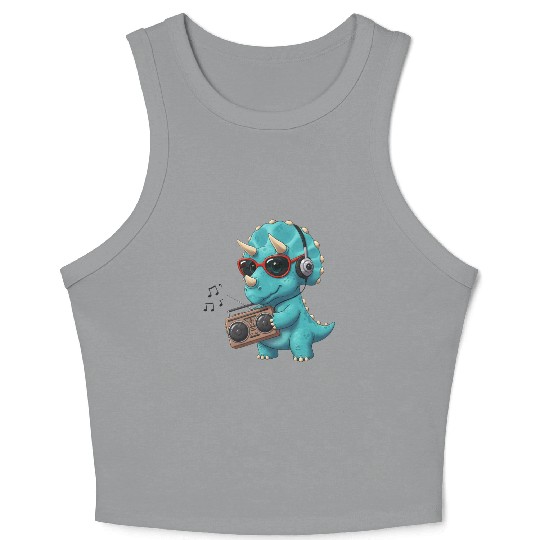 Dino cartoon triceratops listening to music Crop Tank Top