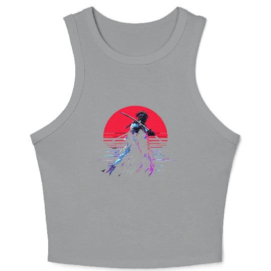 Cyberpunk Samurai Warrior Under Neon Moon Crop Tank Top