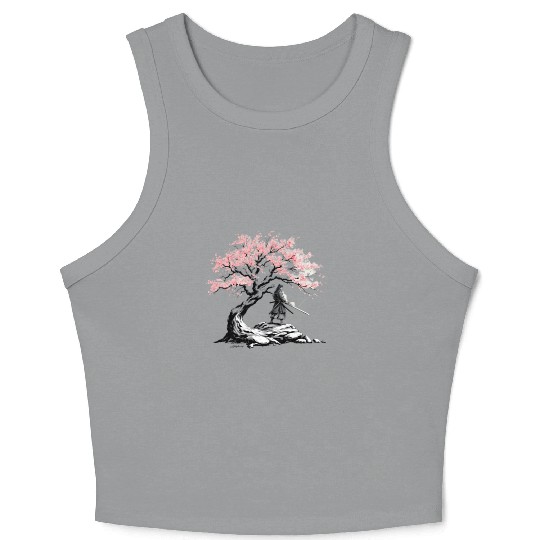 Samurai trains beneath a blooming Sakura tree Crop Tank Top