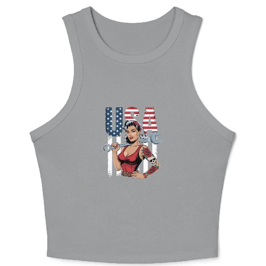 Patriotic Retro Mechanic Woman USA Flag Art Crop Tank Top