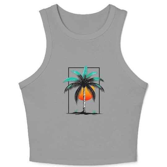 Grayscale Line Drawing Of A Central palm tree Crop Tank Top